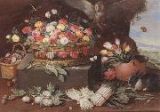 Jan Van Kessel Still life of various flwers in a basket,tulips in a copper pot hortensias,asparagi and artichokes laid out on the ground,together with an owl,butterf oil painting artist